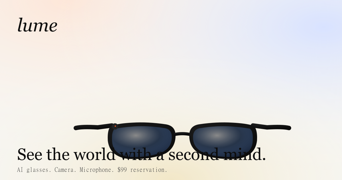 LUME AI smart glasses featuring an 8MP camera, dual microphones, and open-ear audio speakers in a lightweight acetate and titanium frame